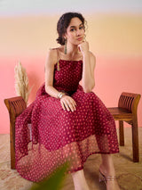 Maroon Bandhani Print Shift Dress - Elganza