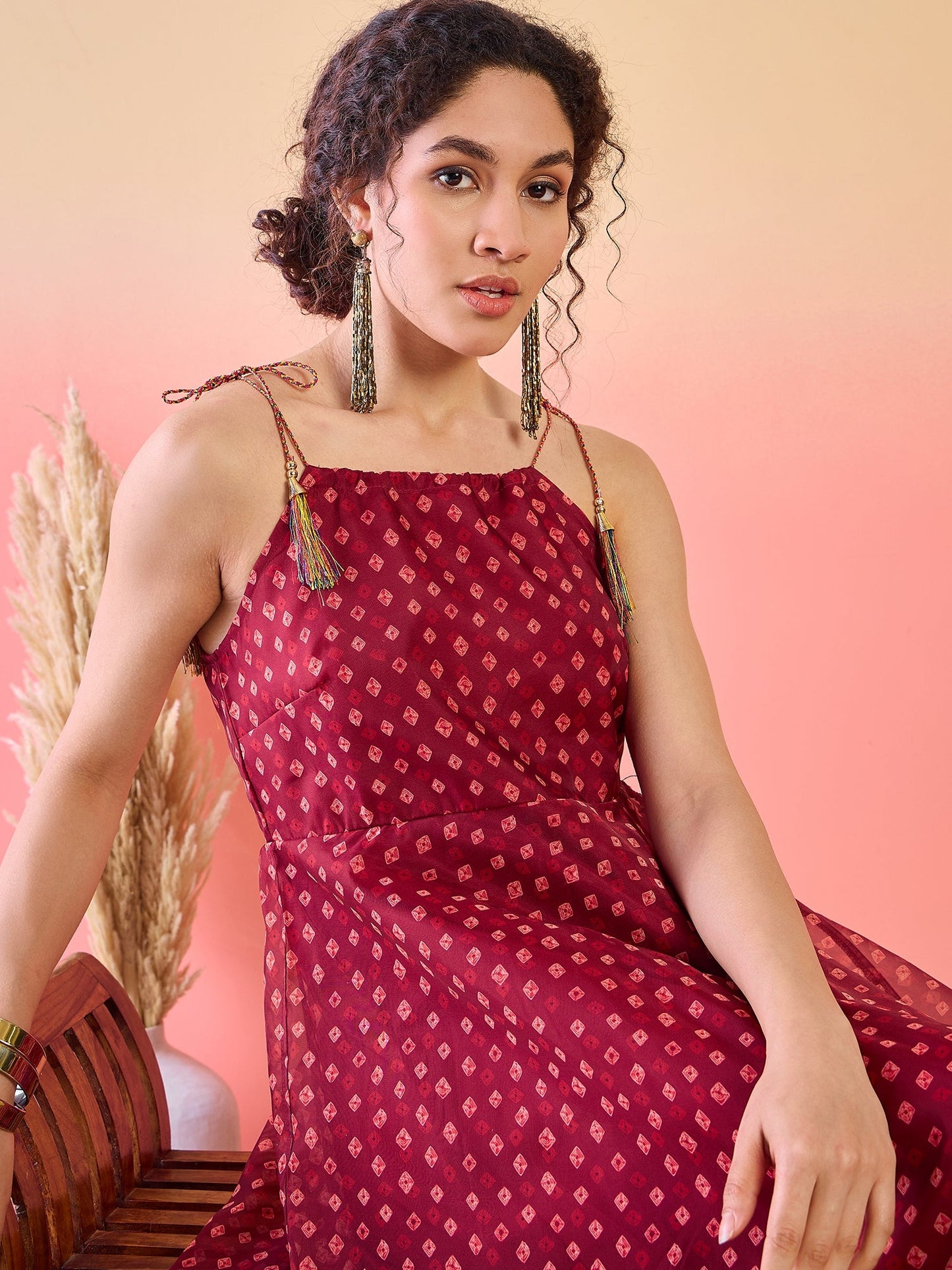 Maroon Bandhani Print Shift Dress - Elganza