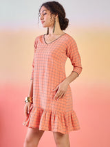 Peach Woven Design Mini Dress - Elganza