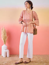 Cream & Rust Striped Gathered Tunic - Elganza