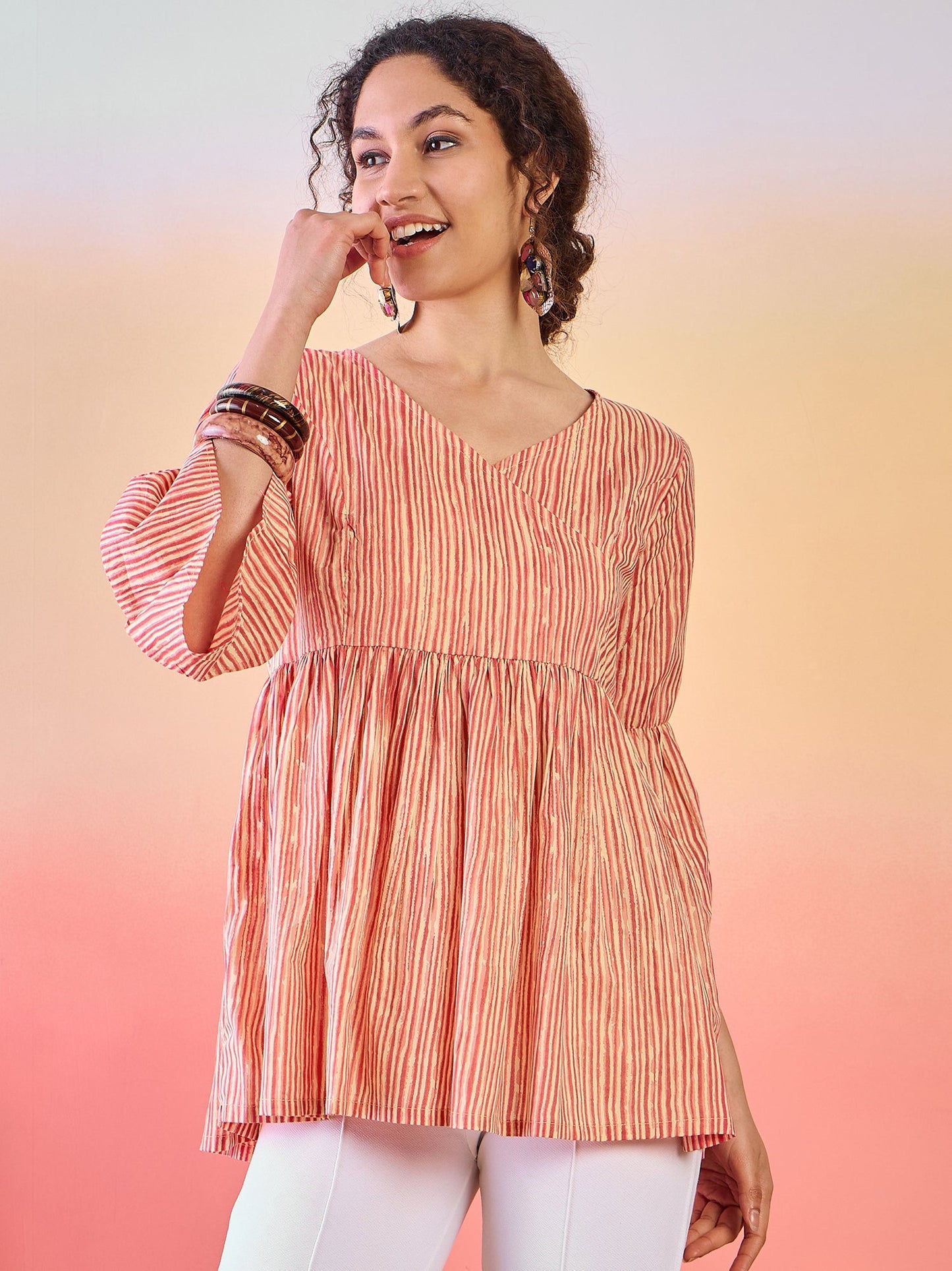 Cream & Rust Striped Gathered Tunic - Elganza