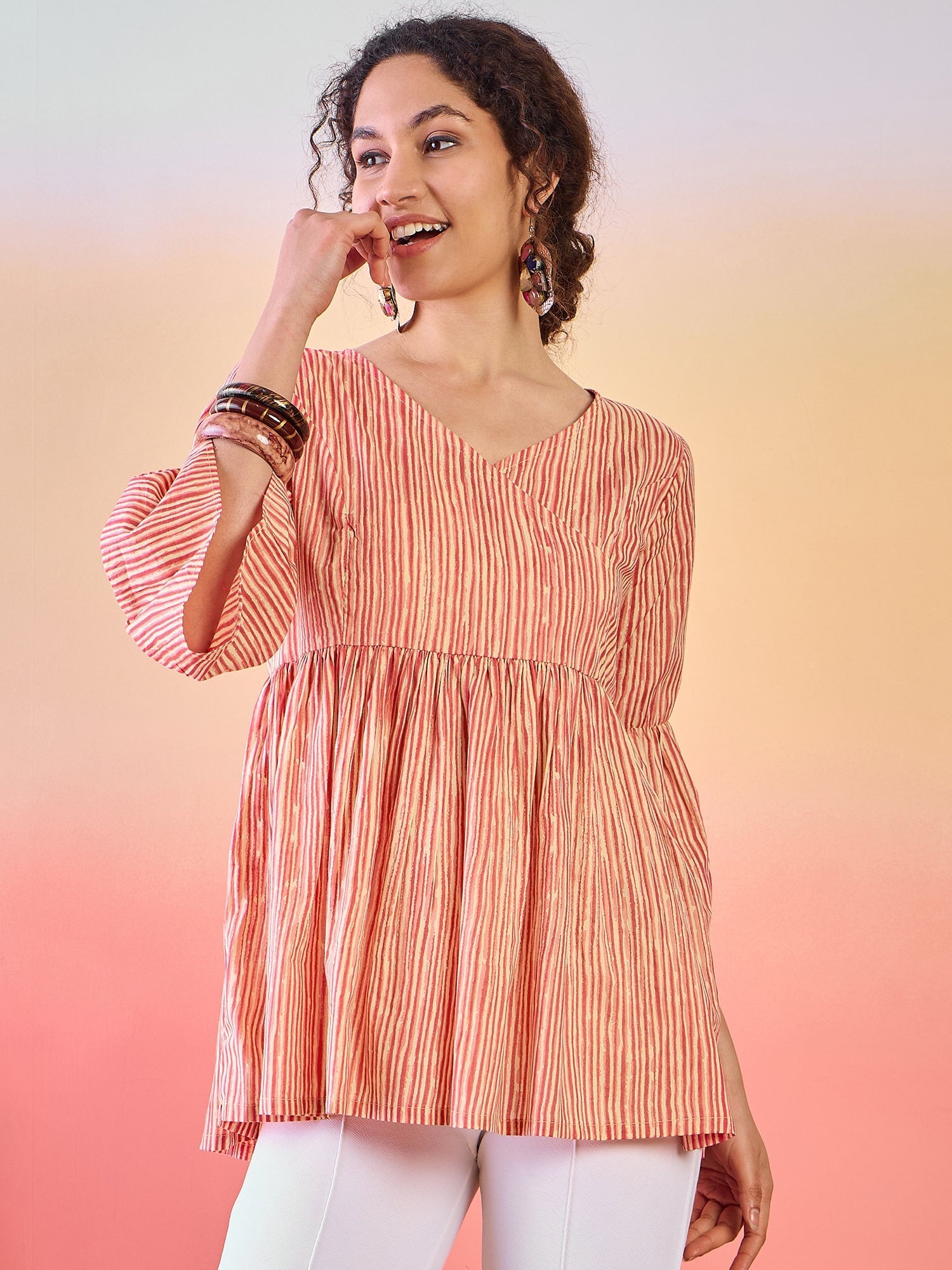 Cream & Rust Striped Gathered Tunic - Elganza