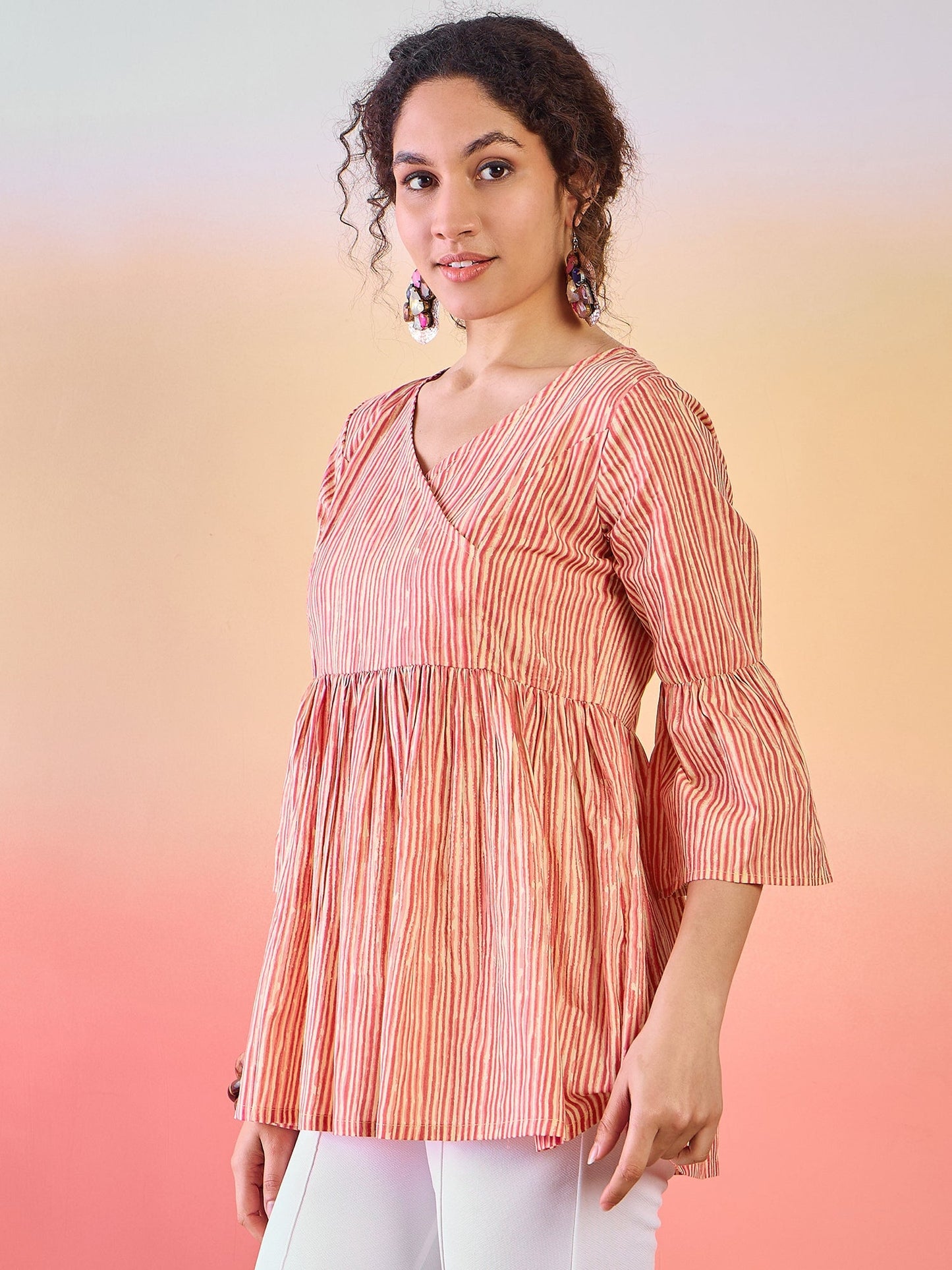 Cream & Rust Striped Gathered Tunic - Elganza