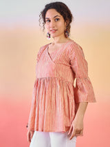 Cream & Rust Striped Gathered Tunic - Elganza