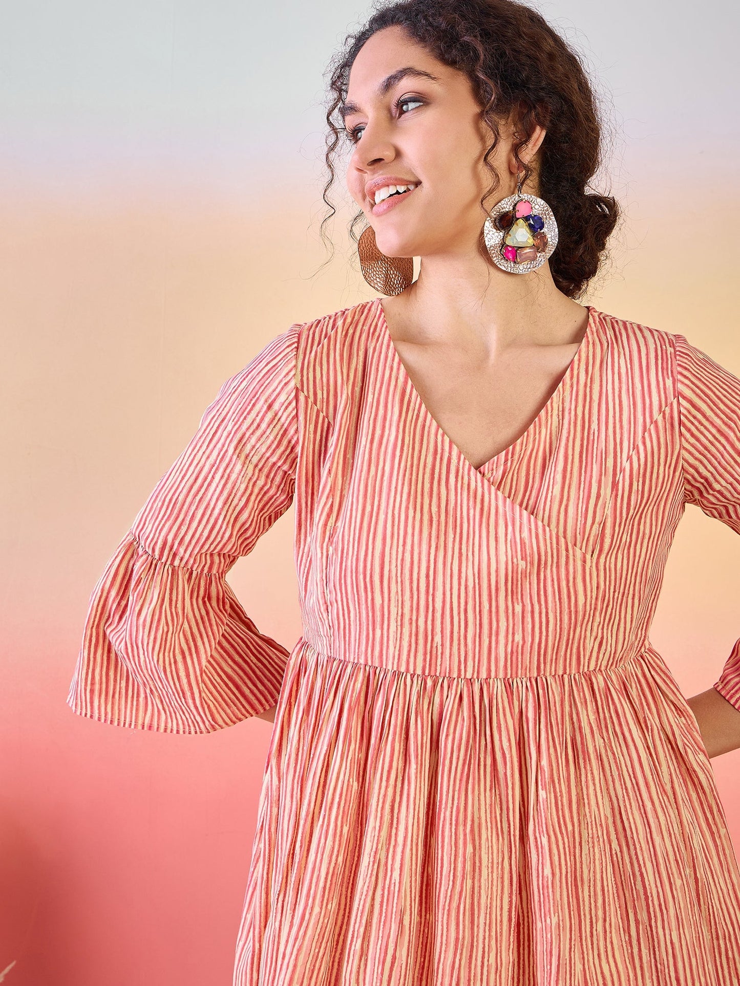 Cream & Rust Striped Gathered Tunic - Elganza