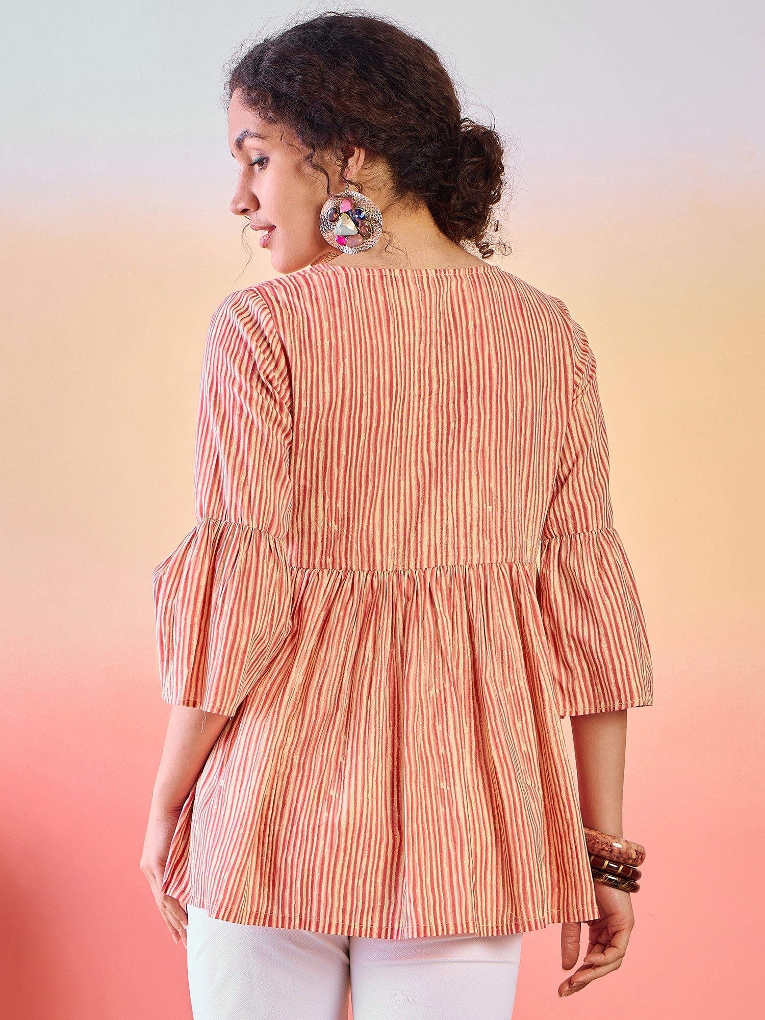 Cream & Rust Striped Gathered Tunic - Elganza