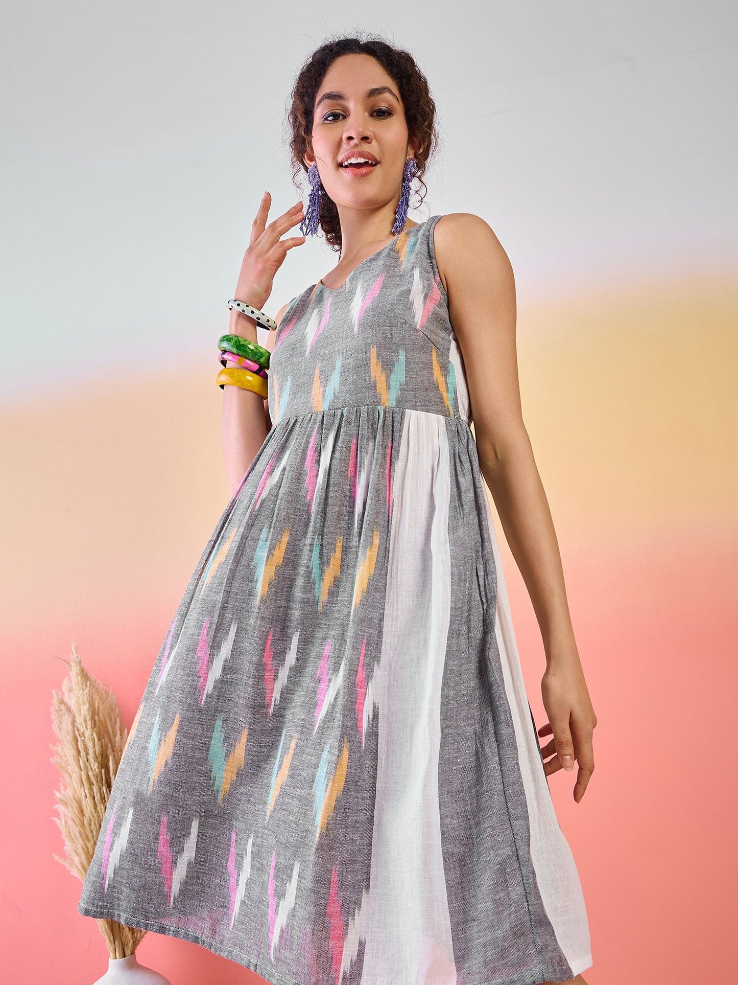 Grey Ikat Skater Dress - Elganza