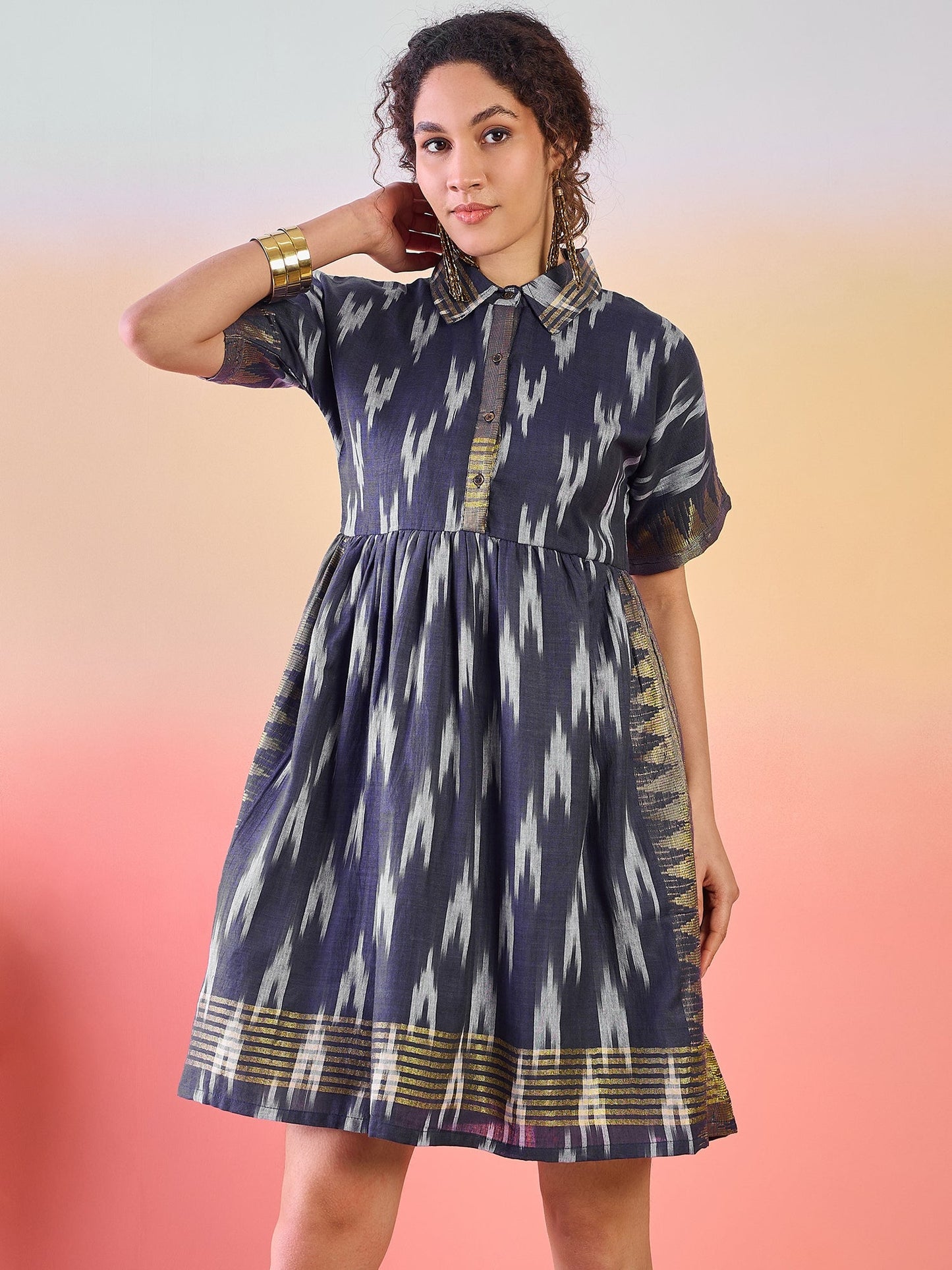 Navy Blue Ikat Skater Dress - Elganza