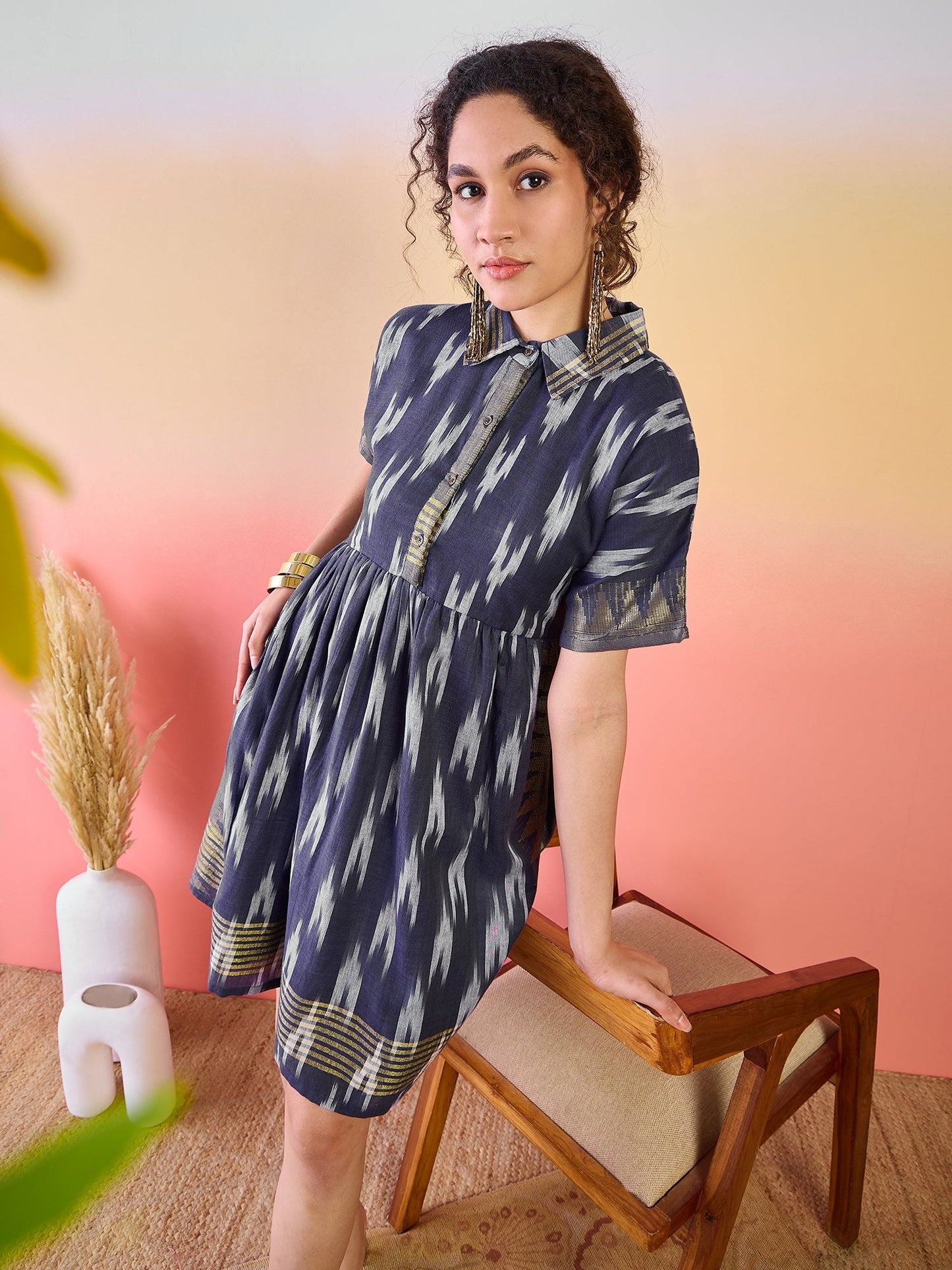 Navy Blue Ikat Skater Dress - Elganza