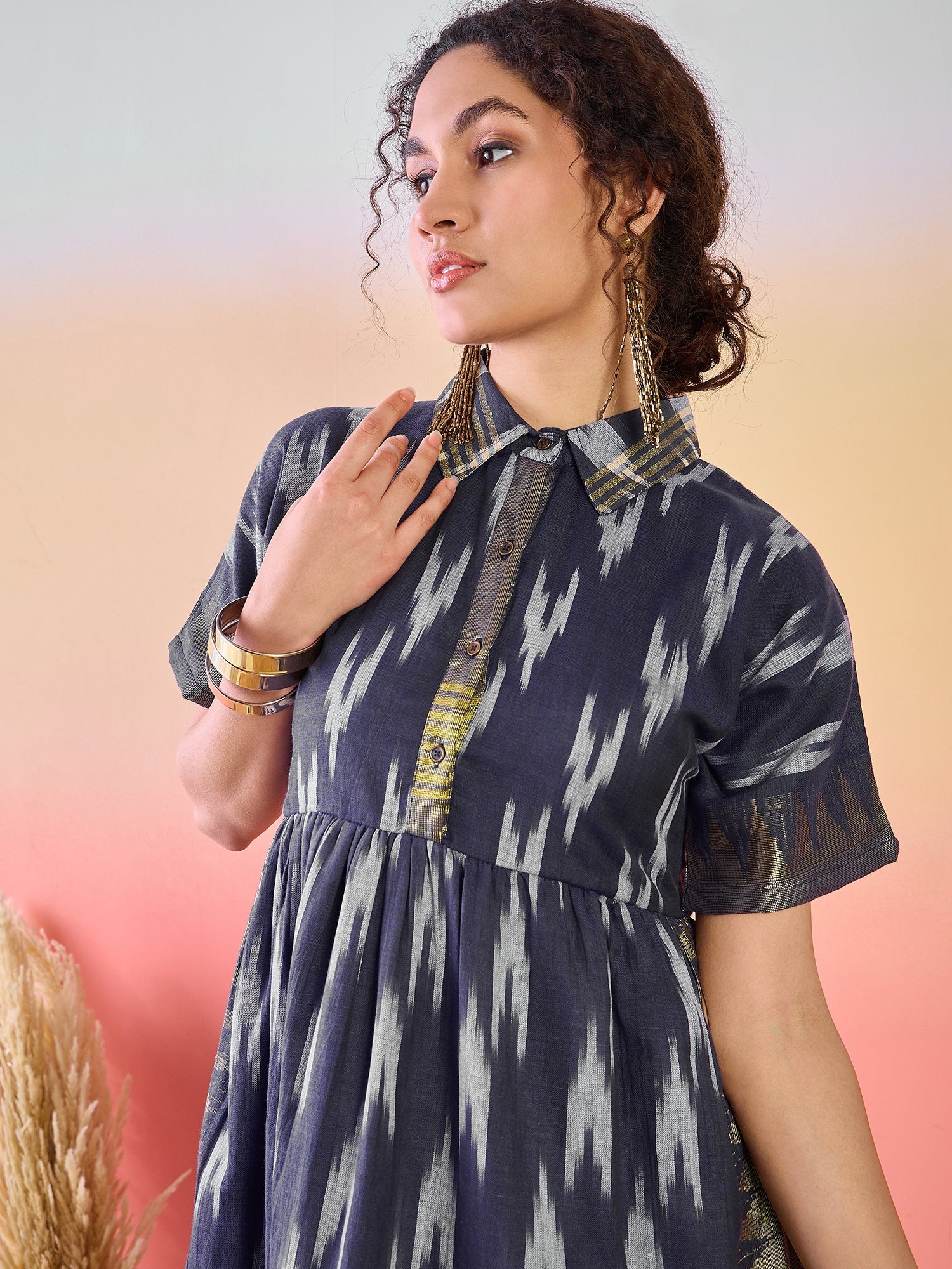 Navy Blue Ikat Skater Dress - Elganza