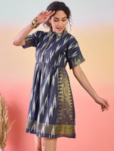 Navy Blue Ikat Skater Dress - Elganza