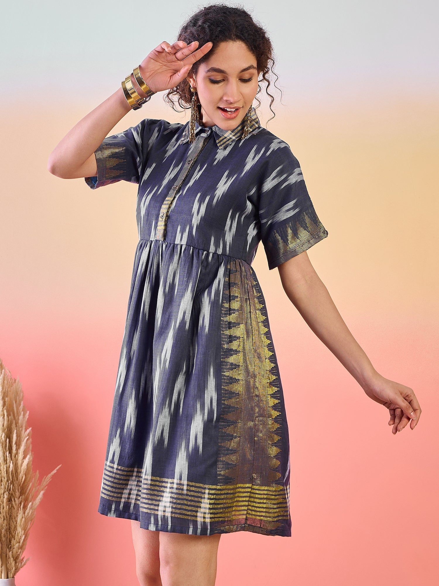 Navy Blue Ikat Skater Dress - Elganza