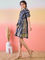 Navy Blue Ikat Skater Dress - Elganza