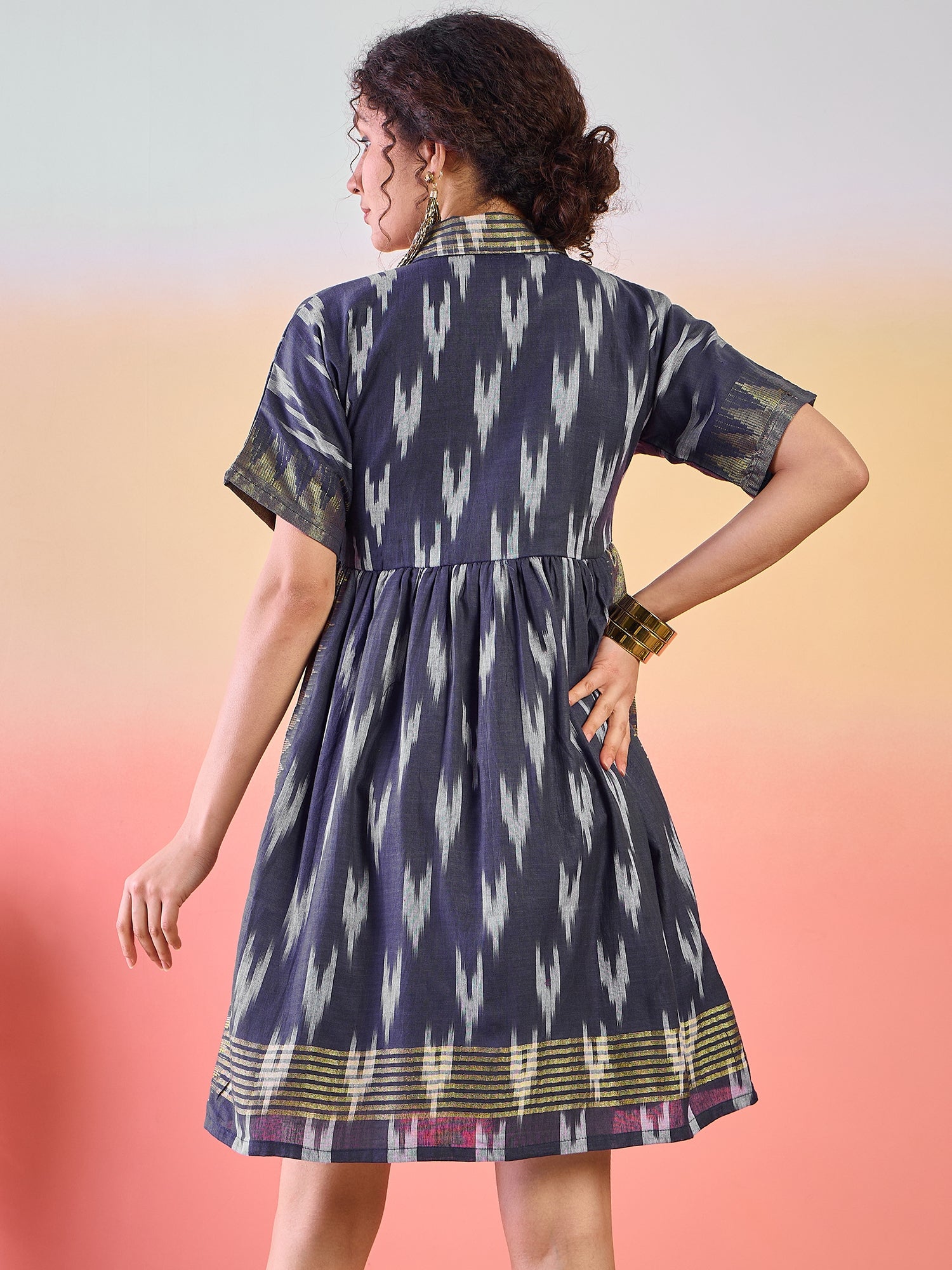 Navy Blue Ikat Skater Dress - Elganza