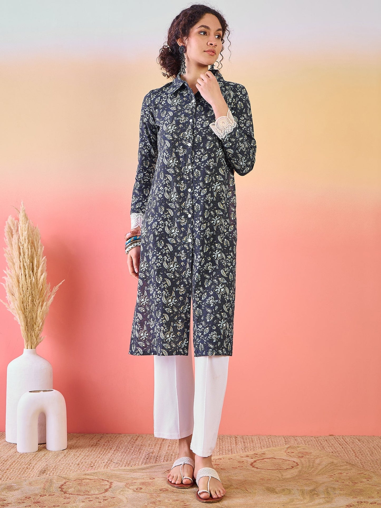 Navy Blue Cropped Kurta with Collar - Elganza