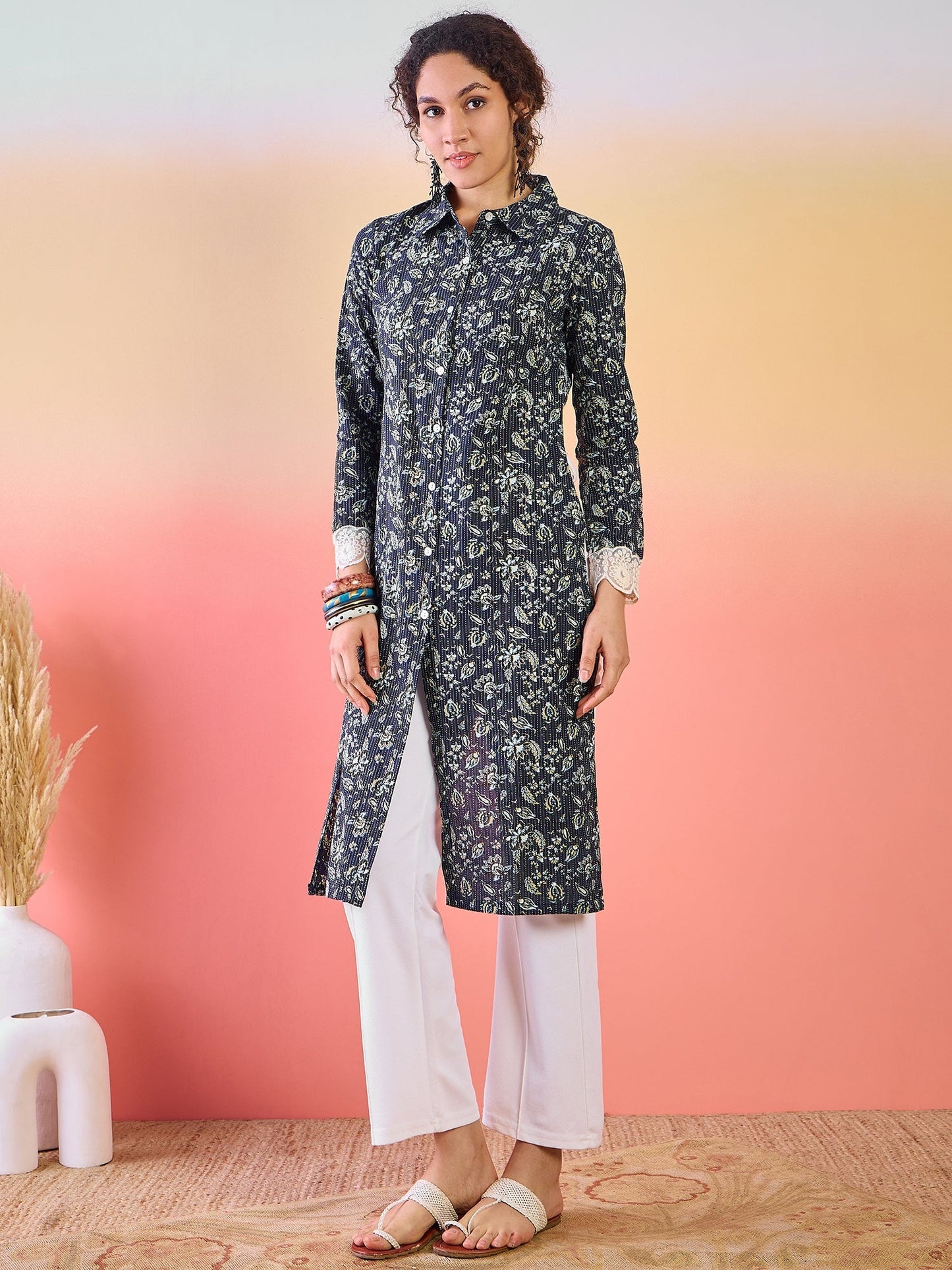 Navy Blue Cropped Kurta with Collar - Elganza