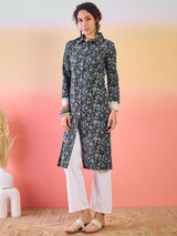 Navy Blue Cropped Kurta with Collar - Elganza