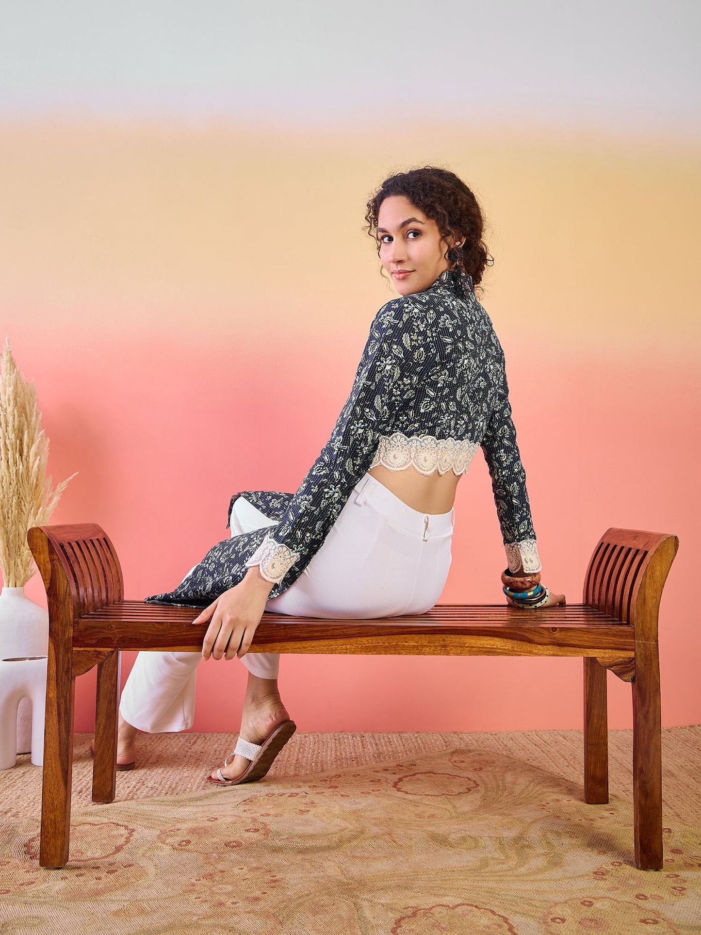 Navy Blue Cropped Kurta with Collar - Elganza