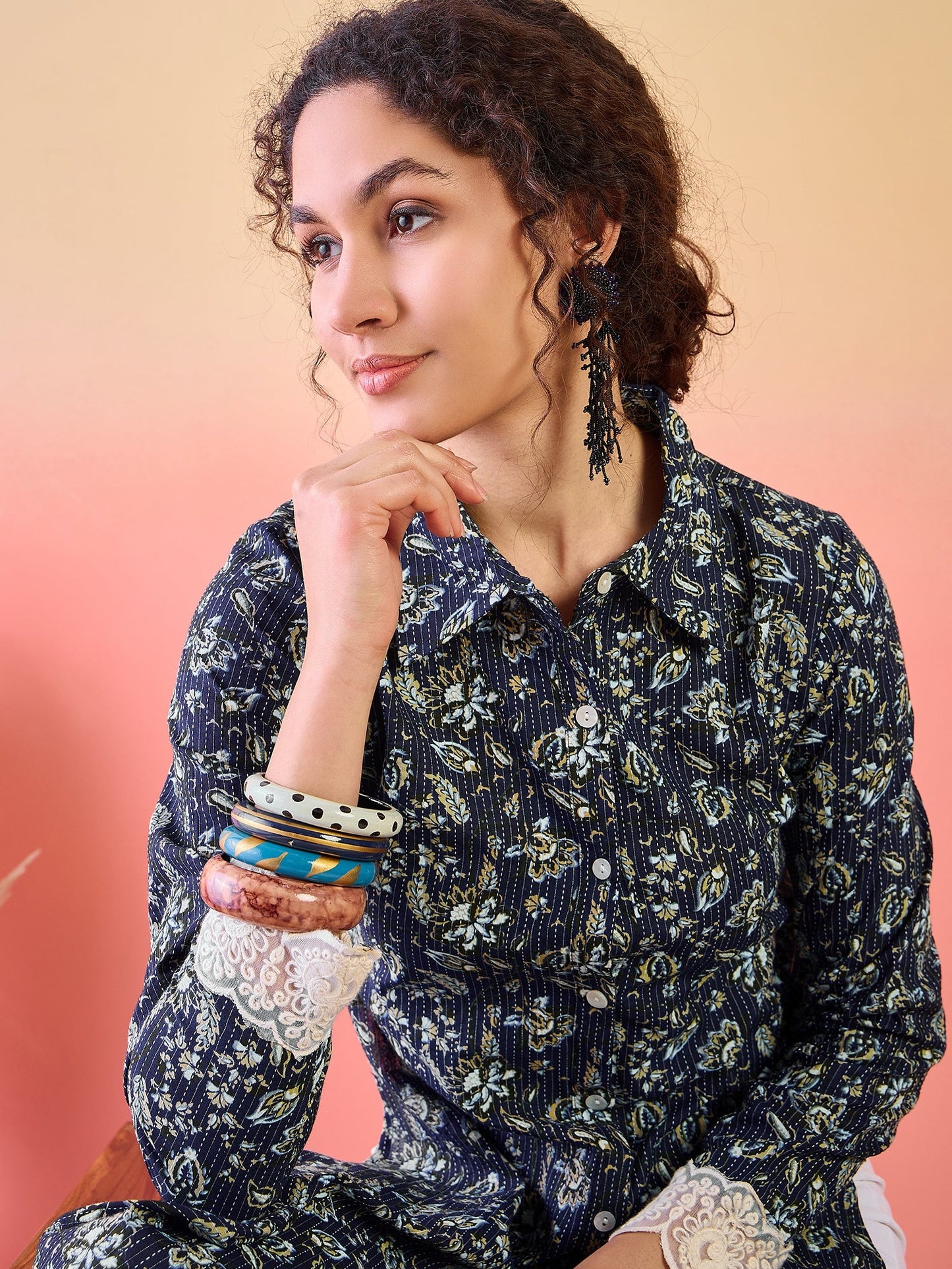 Navy Blue Cropped Kurta with Collar - Elganza