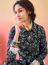 Navy Blue Cropped Kurta with Collar - Elganza