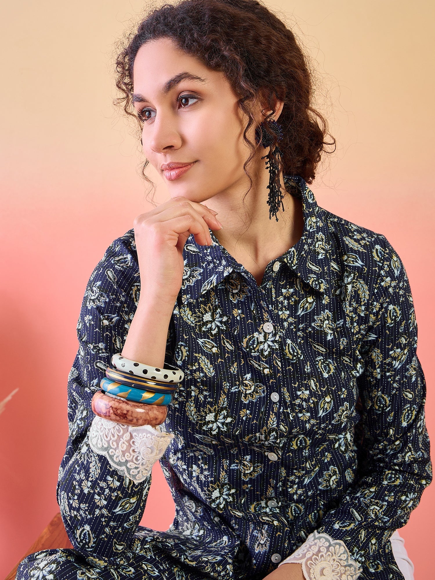 Navy Blue Cropped Kurta with Collar - Elganza