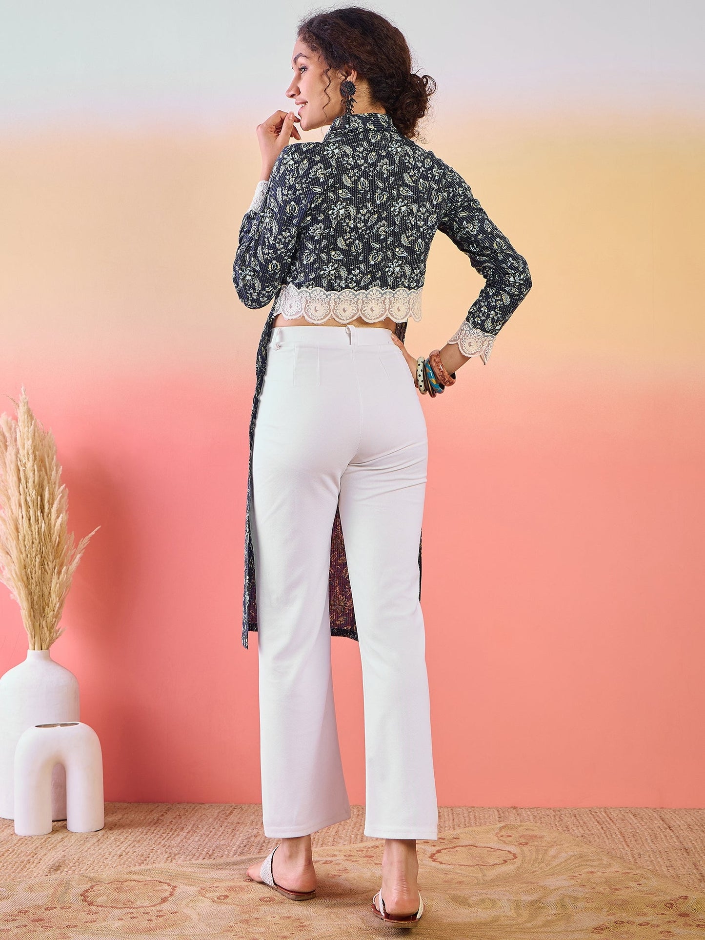 Navy Blue Cropped Kurta with Collar - Elganza