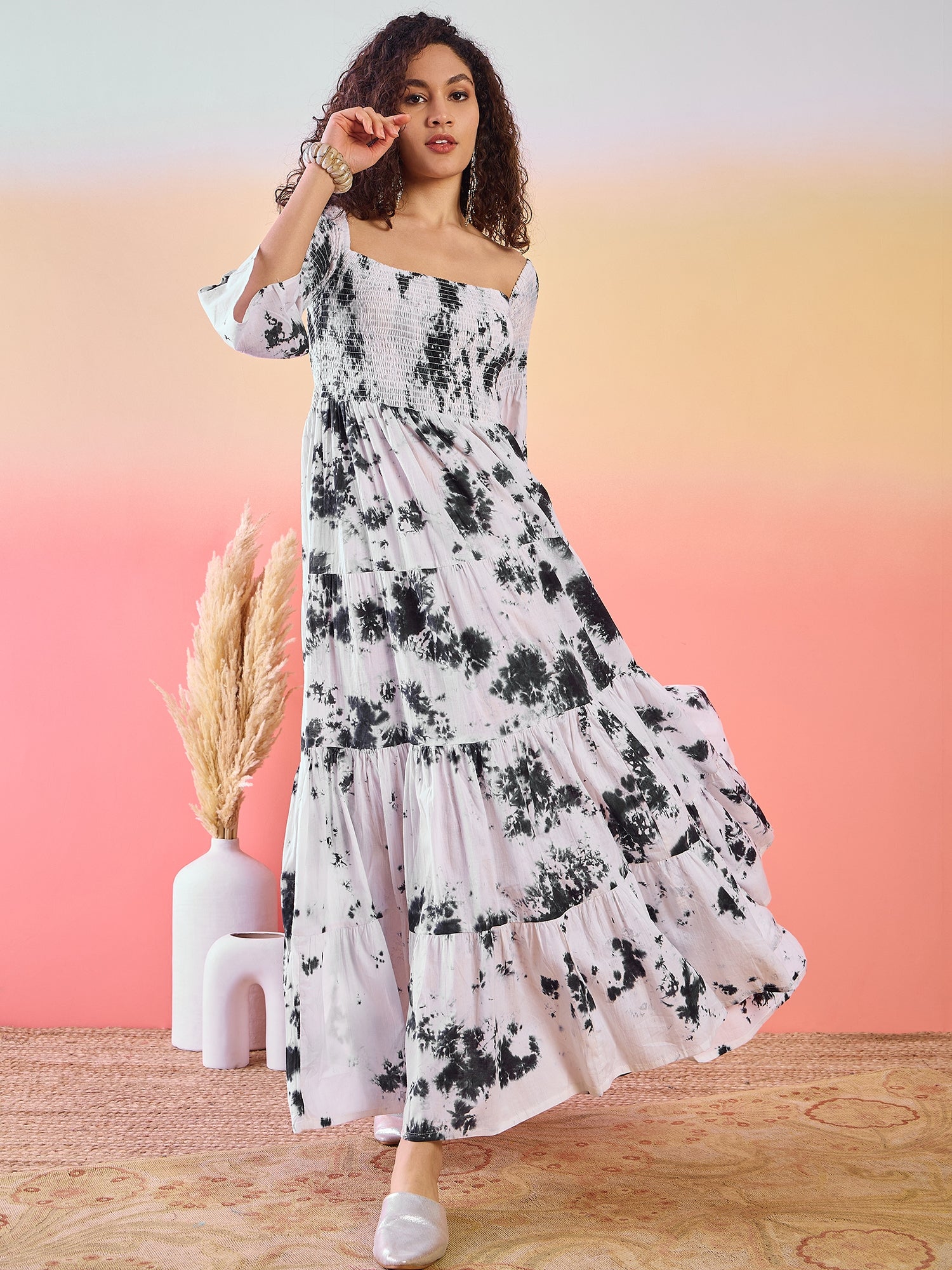 White Tie & Dye Off-Shoulder Tiered Maxi Dress - Elganza