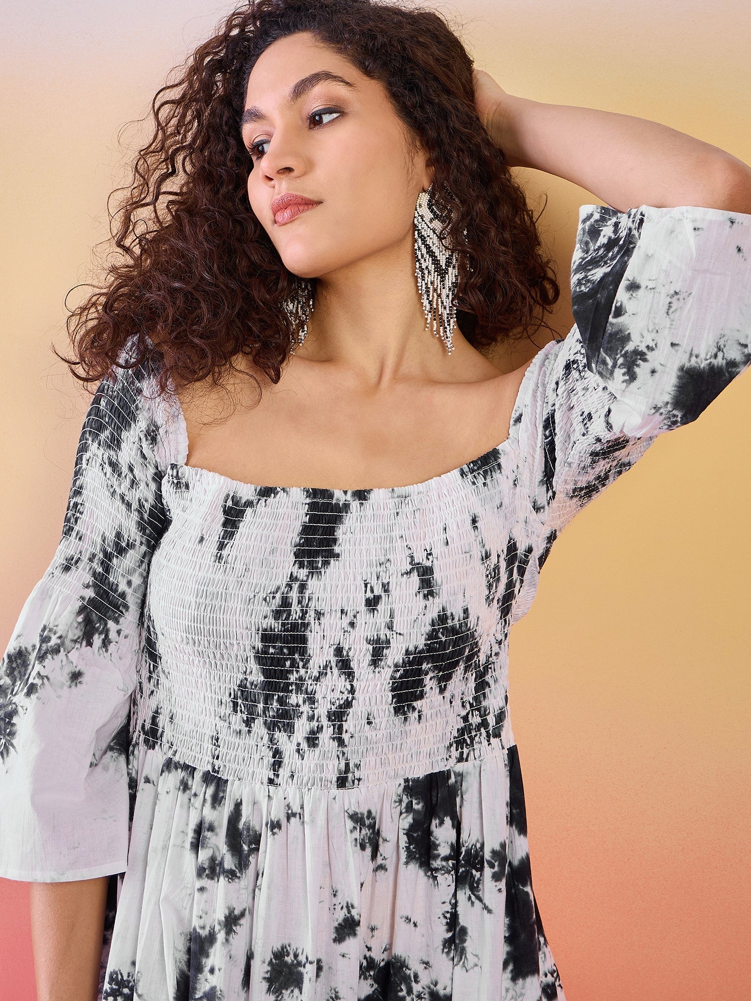 White Tie & Dye Off-Shoulder Tiered Maxi Dress - Elganza