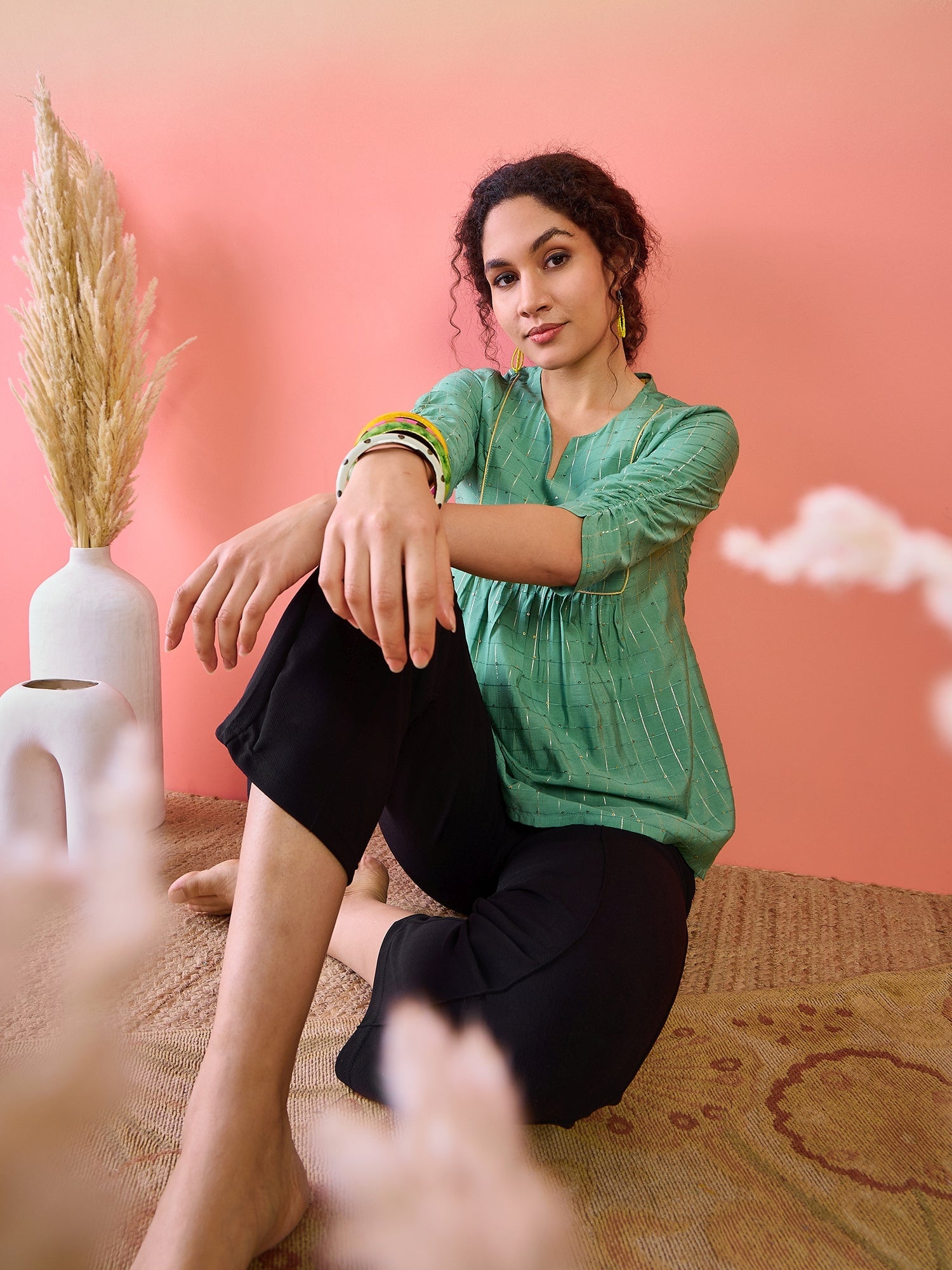 Green Tunic With Ruching Sleeve - Elganza