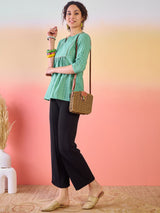 Green Tunic With Ruching Sleeve - Elganza