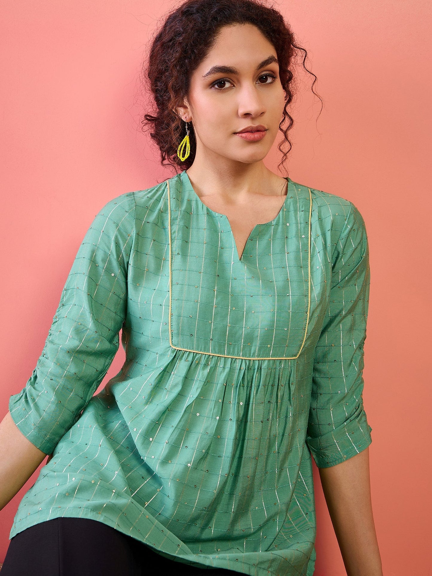 Green Tunic With Ruching Sleeve - Elganza