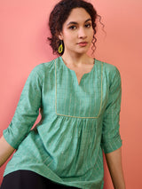 Green Tunic With Ruching Sleeve - Elganza
