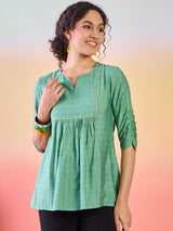 Green Tunic With Ruching Sleeve - Elganza