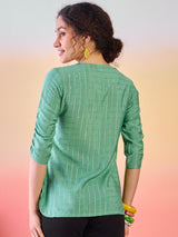 Green Tunic With Ruching Sleeve - Elganza