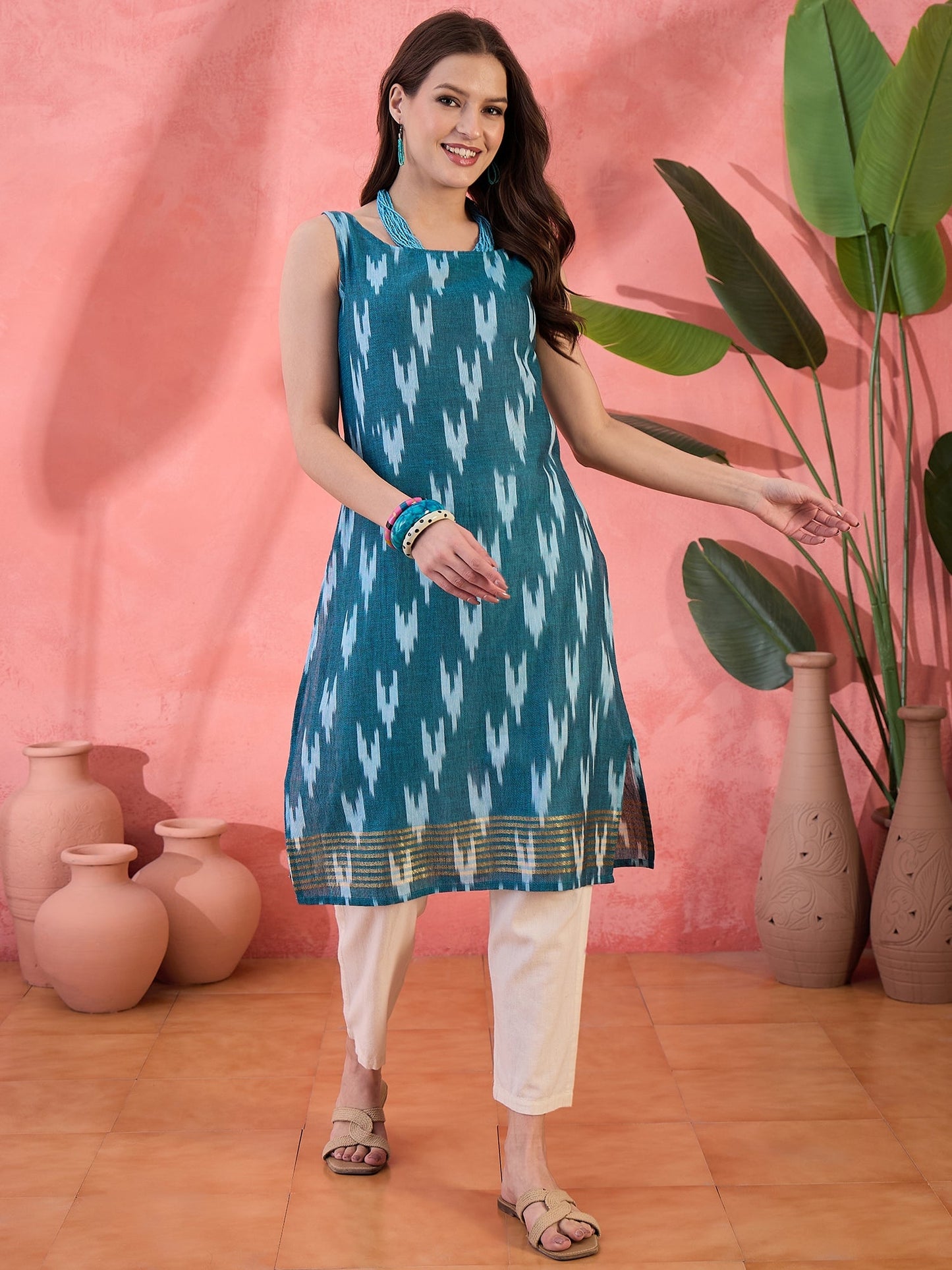 Blue Ikat Print Sleeveless Kurta - Elganza