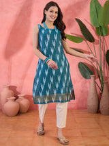 Blue Ikat Print Sleeveless Kurta - Elganza