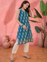 Blue Ikat Print Sleeveless Kurta - Elganza