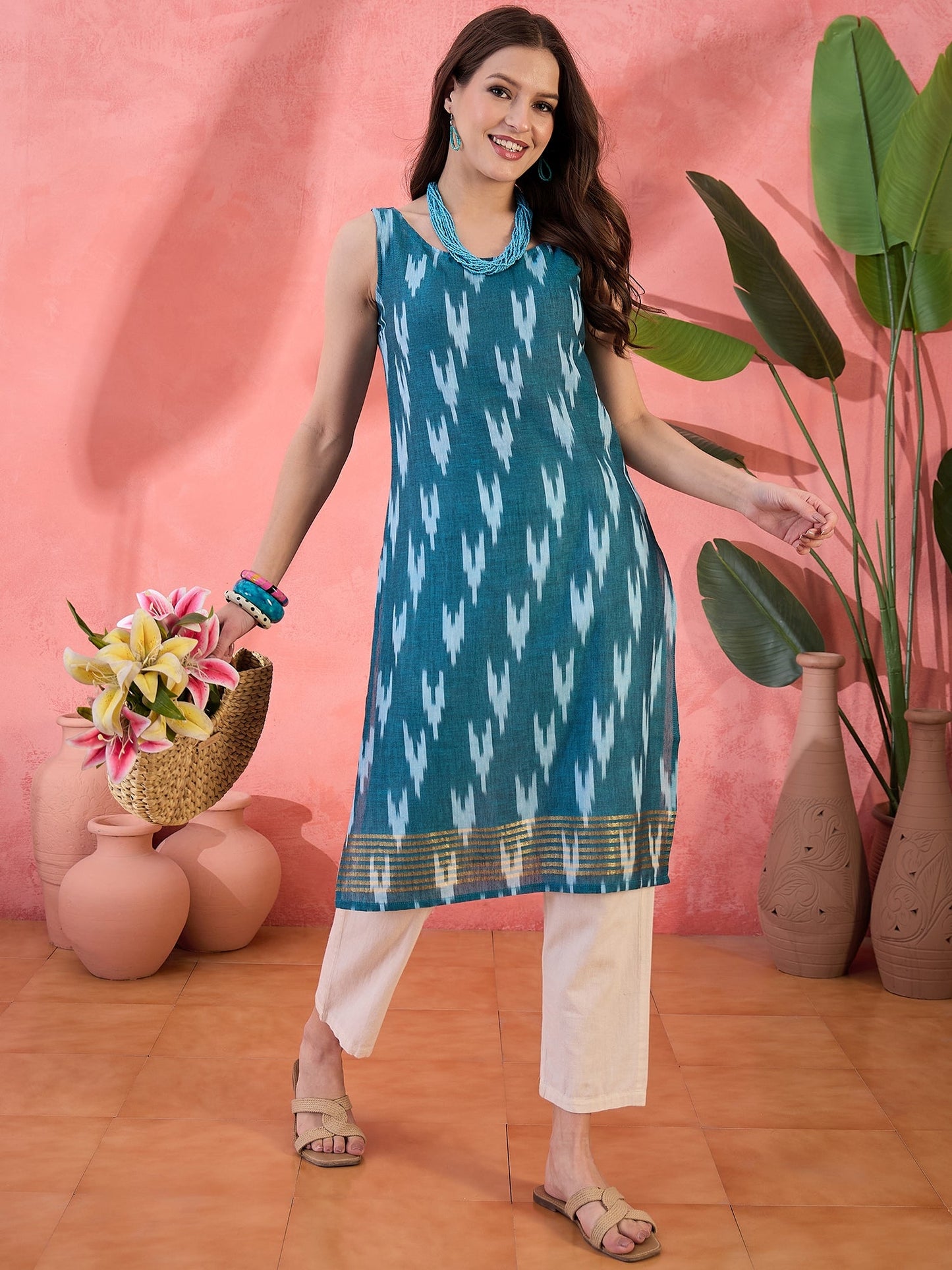 Blue Ikat Print Sleeveless Kurta - Elganza