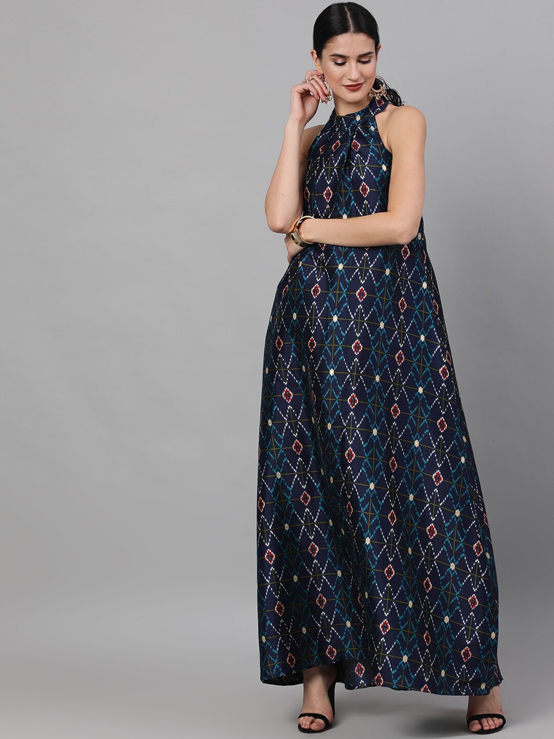 Navy Blue Geometric Pattern Dress - Elganza