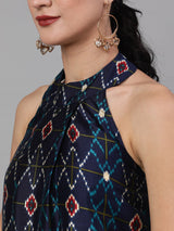 Navy Blue Geometric Pattern Dress - Elganza