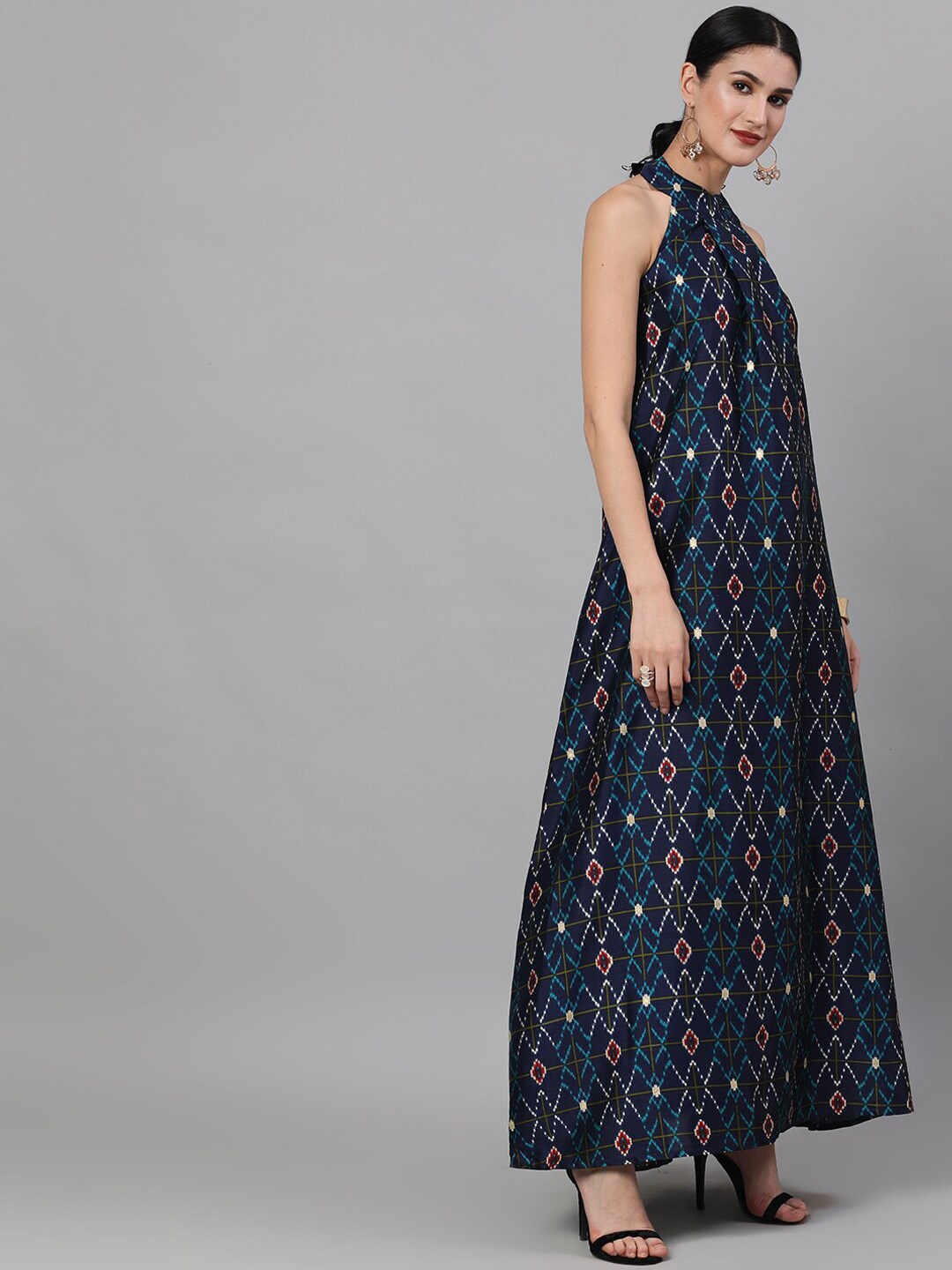 Navy Blue Geometric Pattern Dress - Elganza