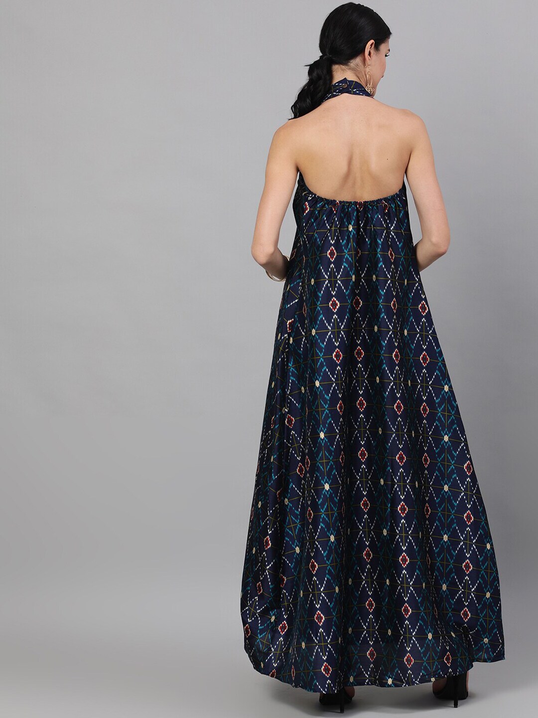 Navy Blue Geometric Pattern Dress - Elganza