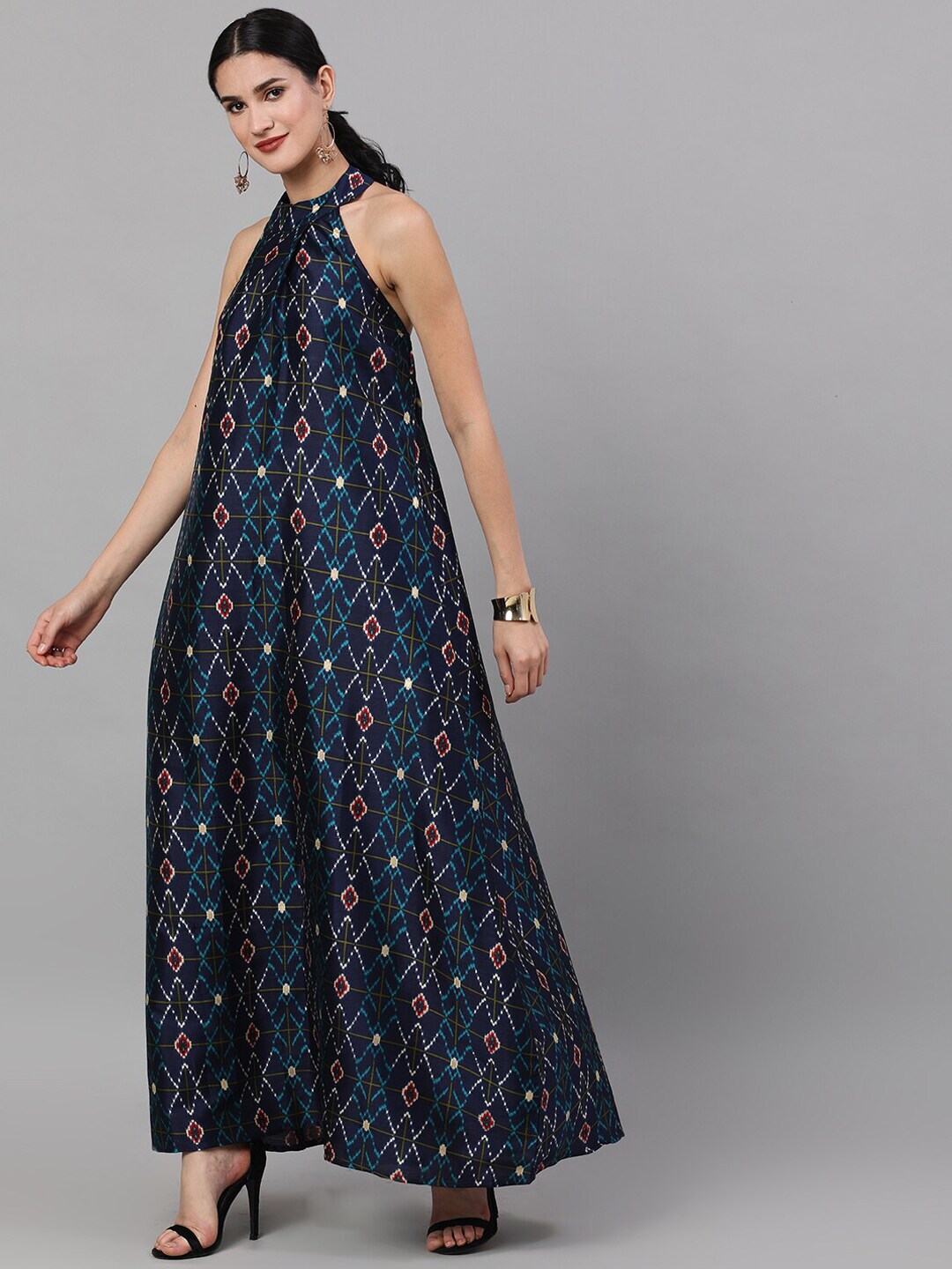 Navy Blue Geometric Pattern Dress - Elganza