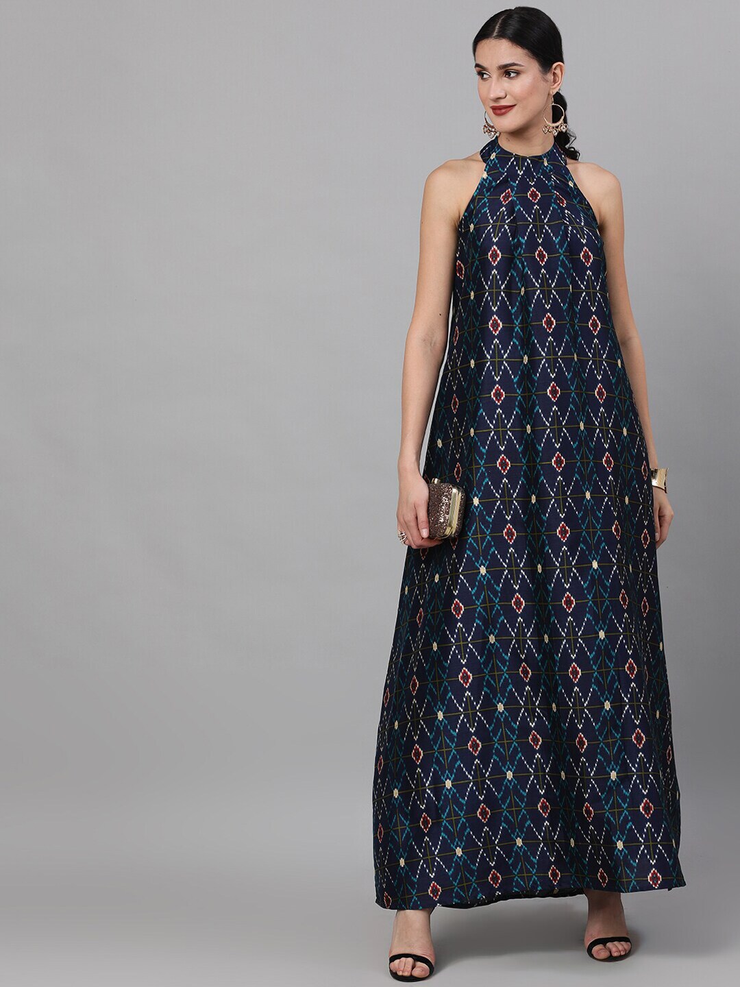 Navy Blue Geometric Pattern Dress - Elganza