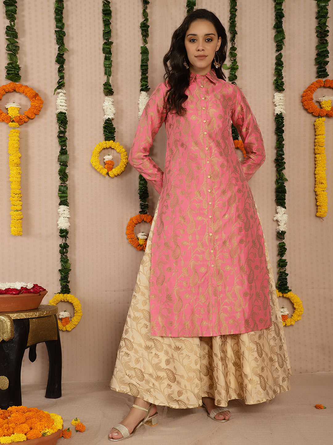 Pink Jacquard Straight Kurta - Elganza