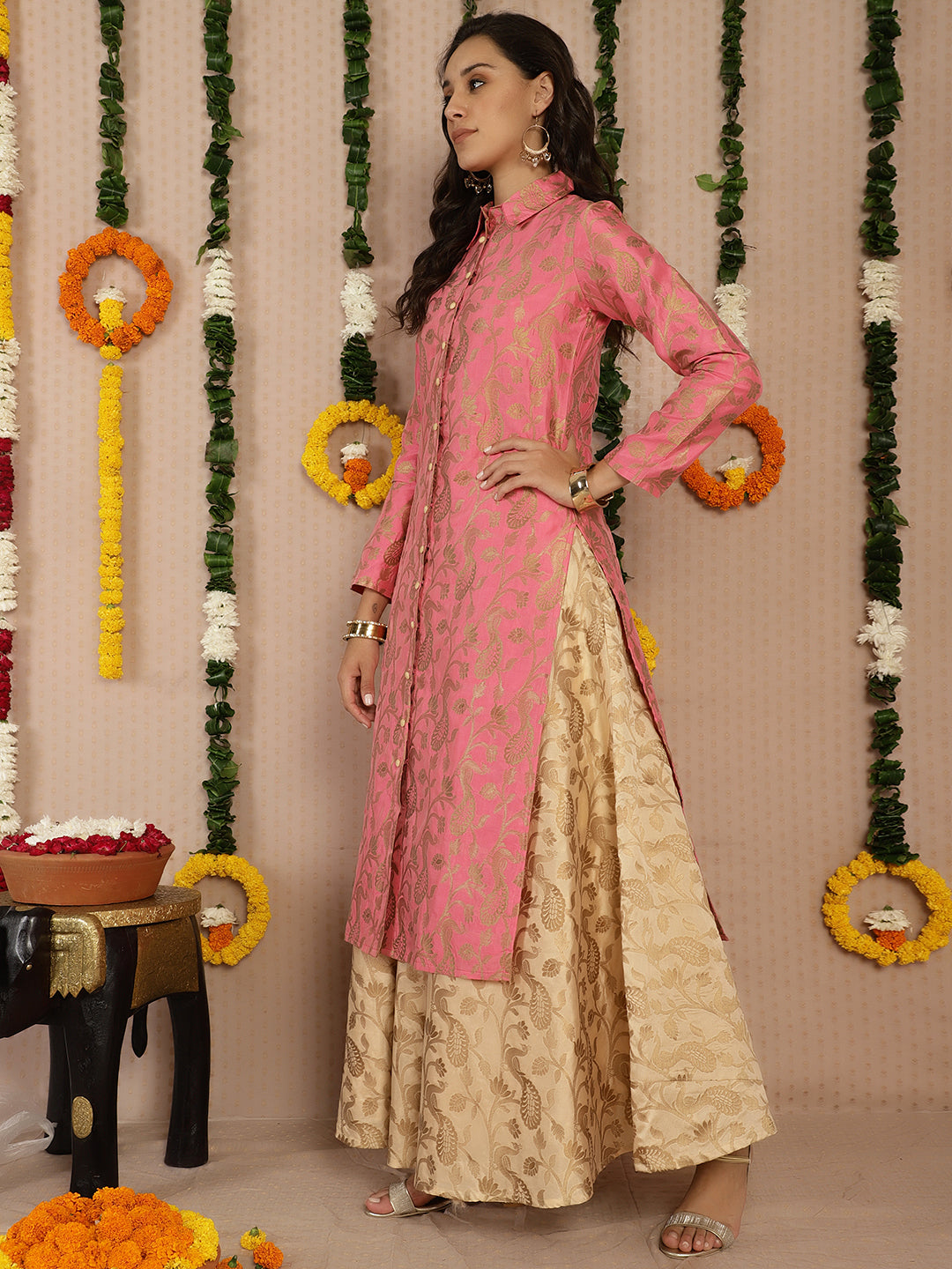 Pink Jacquard Straight Kurta - Elganza