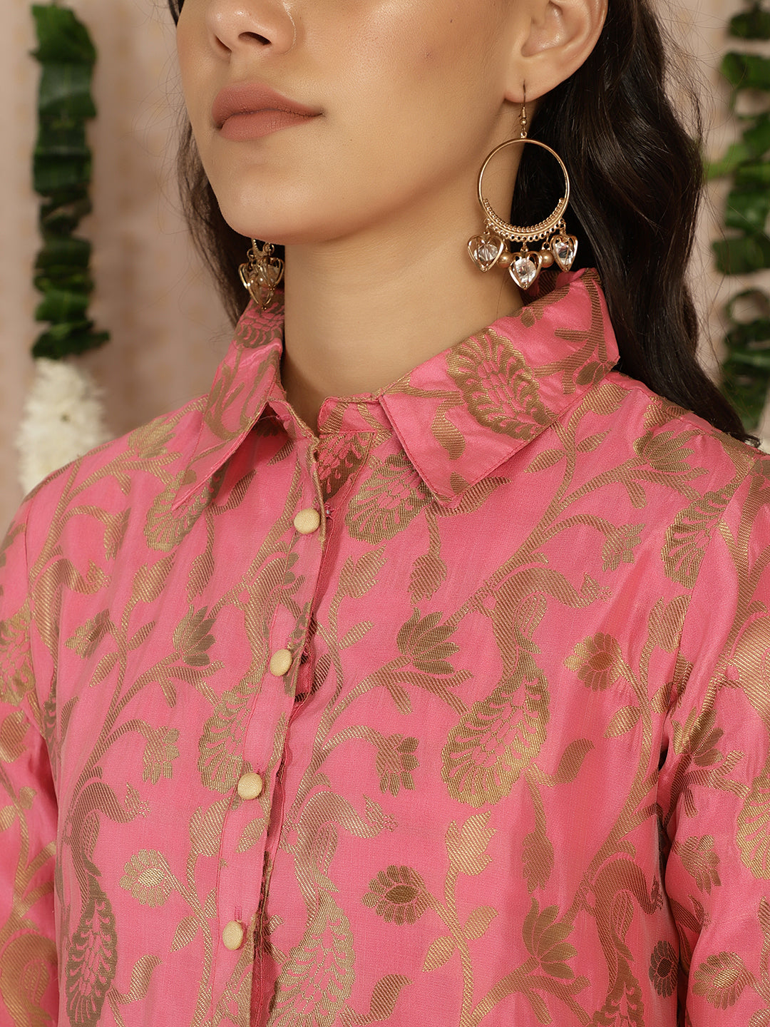 Pink Jacquard Straight Kurta - Elganza
