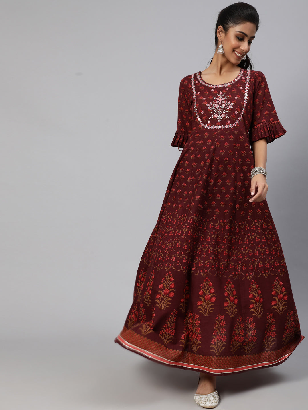 Maroon Floral Print Flared Maxi Dress - Elganza