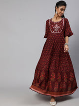 Maroon Floral Print Flared Maxi Dress - Elganza