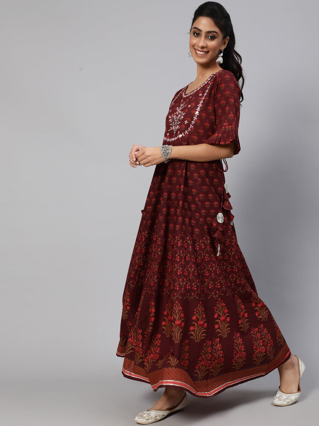 Maroon Floral Print Flared Maxi Dress - Elganza